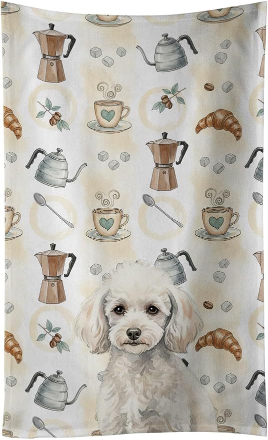 Caroline's Treasures Miniature White Poodle Coffee Bar Kitchen Towel Velour Plush Front and Cotton Loop Back Machine Washable