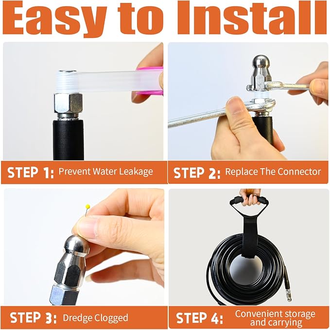 Sewer Jetter Kit for Pressure Washer 200FT, 5800PSI Drain Cleaner Hose with 1/4 Inch NPT Corner, Rotating Nozzle and 4 Different Button Nose Sewer Jet Nozzles, Waterproof Tape and 2 Spanners (Black)