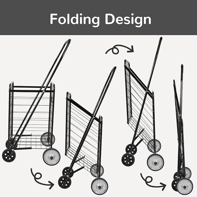 Elevon Foldable Shopping Utility Cart, Collapsible Durable Grocery Utility Cart with Rolling Wheels for Easy Storage, Laundry, Book, Luggage Travel, Compact Portable, Black
