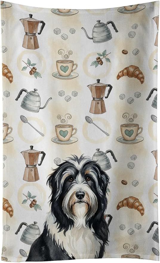 Caroline's Treasures Black Bearded Collie Coffee Bar Kitchen Towel Velour Plush Front and Cotton Loop Back Machine Washable
