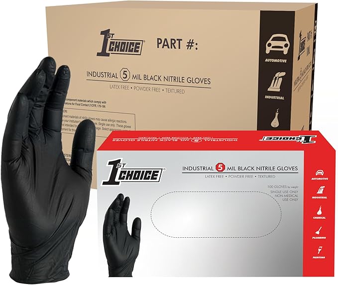 1st Choice Black Nitrile, XL Disposable Gloves, 5 Mil for Cooking, Cleaning, Automotive, Industrial, Food Prep, Case of 1000