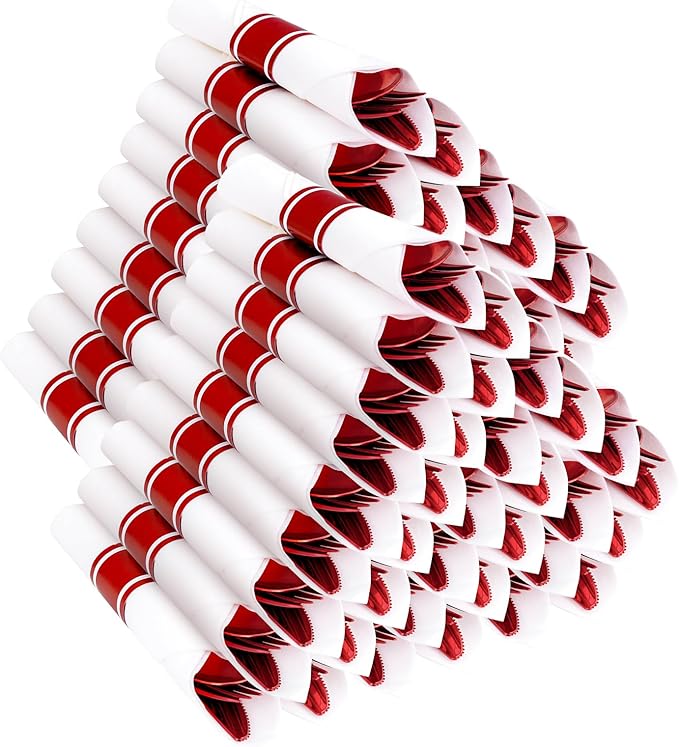 400PCS Pre Rolled Red Plastic Silverware Sets - Heavy Duty Red Cutlery - Include 100 Pack Wrapped Disposable Utensils with Napkins for Parties & Dinners & Weddings
