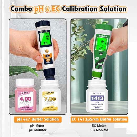 pH EC PPM Monitor for Water Hydroponic with Calibration Solution, 6 in 1 pH EC TDS Continuous Monitor with pH 4.0 7.0 & EC 1413μS/cm Calibration and Probe Cleaning Solution for Water, Pool, Aquarium