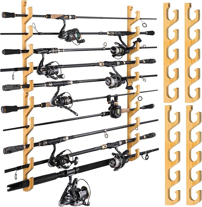 PLUSINNO H5W Horizontal Fishing Rod/Pole Holders for Garage, Wall or Ceiling Mounted Rack, Solid Wood Fishing Rod Holder Holds up to 5/10/20 Rods or Combos Fishing Gear, Gifts for Men