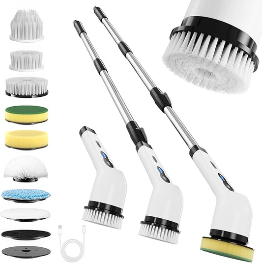 Electric Spin Scrubber, Powered Household Cleaning Brush with 8 Heads & 2 Modes- 52in Extendable Electric Shower Scrubber Deep Cleaner for Bathroom Bathtub Sink Bathroom, IPX7