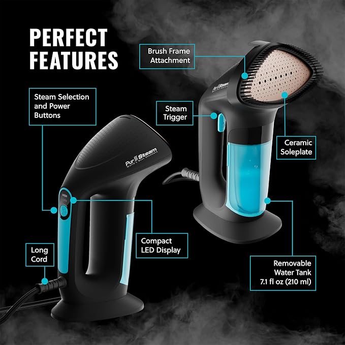 PurSteam SteamPulse Pro Handheld Steamer for Clothes, Portable Handheld Fabric and Garment Travel Steamer Iron Press Wrinkle Remover with Fabric Brush (Pack of 3)