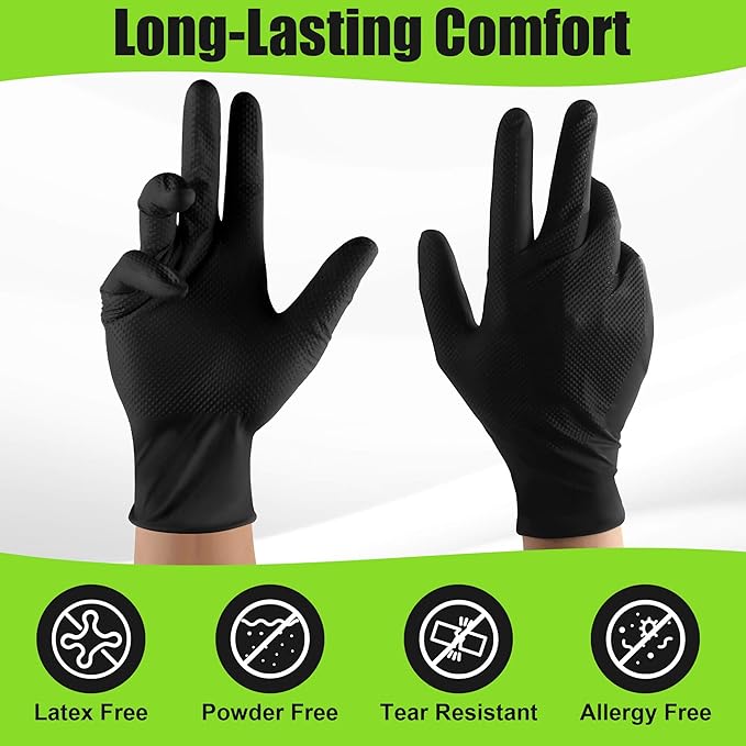 TREEGO 10 Mil Black Nitrile Gloves Bulk Case, 1000 Count Medium — Heavy Duty Diamond Grip, Latex Free Disposable Gloves for Automotive, Industrial, Warehouse & Shop Use