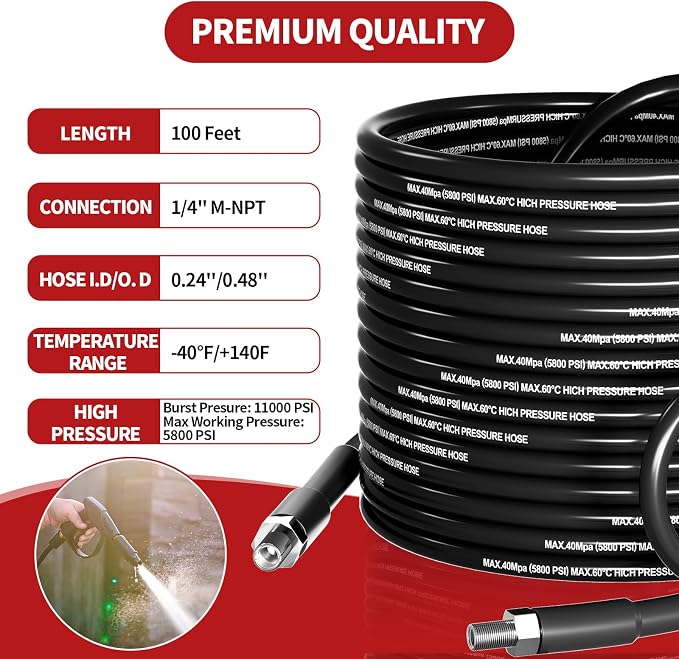 100 FT Sewer Jetter Kit for Pressure Washer, 5800 PSI High-Pressure Drain Cleaning Hose, 1/4 Inch NPT with 3 Nozzles, Watertight Tape, Handle Strap & 2 Spanners, Drain Cleaning Solution