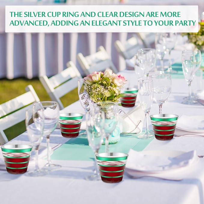 Gejoy 9 oz 100pcs St Patricks Day Rimmed Stripe Plastic Cups Bulk Disposable Wine Hard Plastic Drinking Cocktail Cups Tumblers for Wedding Gathering Party Supplies(dark Green