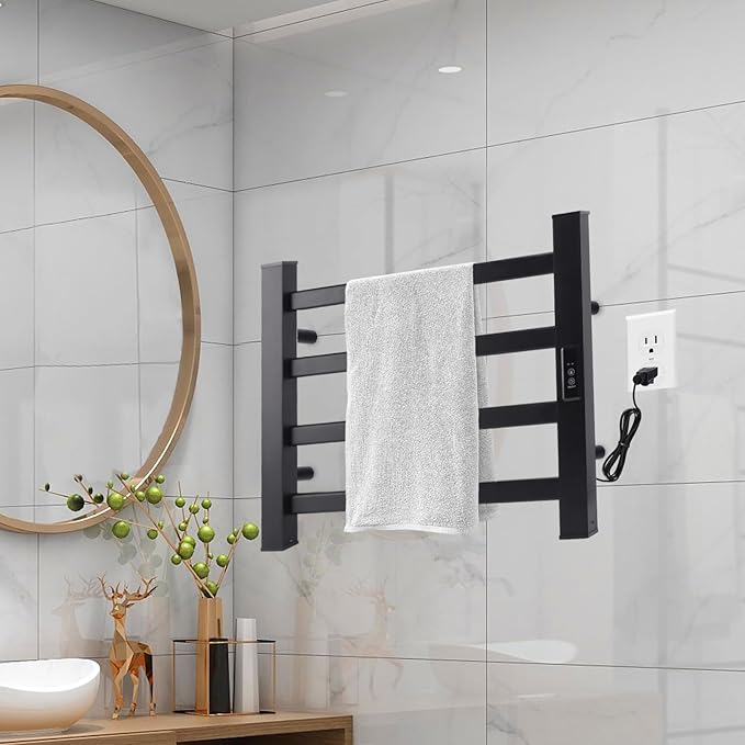 Towel Warmer Heated Towel Bar-Rack - Nopwer Bathroom Wall Mounted Electric Towel Drying Plug-in Matte Black 4 Bars