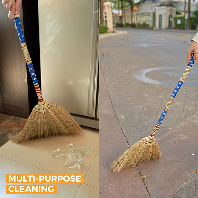 Asian Natural Grass Broom with Bamboo Stick Handle Handmade for Sweeping Hard Wood, Tile, Cement Floor (Thai Pattern 2, Blue 1)