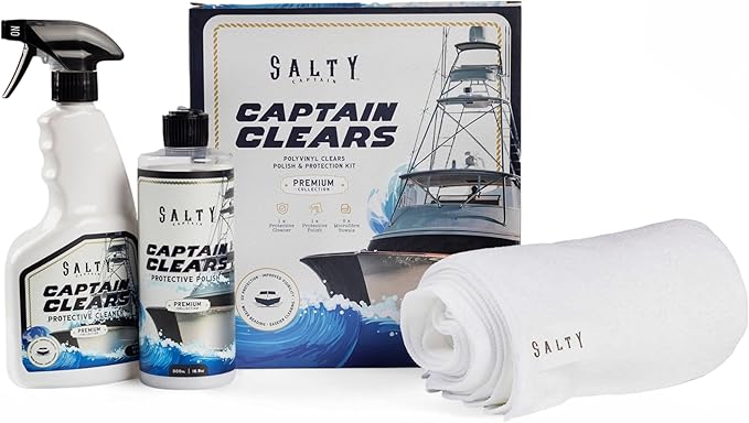 Salty Captain Clears Clean & Polish Kit – Isinglass Cleaner & Boat Polish – 16.9oz Cleaner, 16.9oz Polish & 5 Microfiber Towels – Restores Clarity & Shine to Strataglass, Polyvinyl & Marine Clears