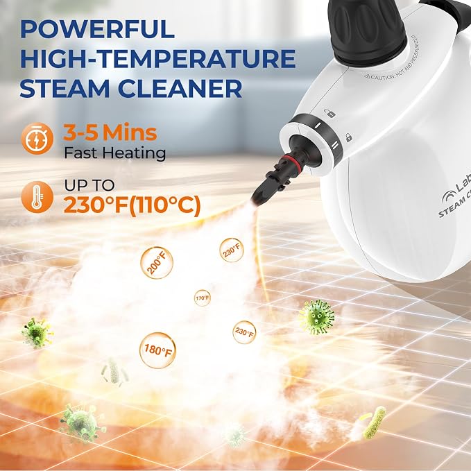 LABIGO Handheld Steam Cleaner, 13pcs Multi-Purpose Pressurized Natural Cleaning Steamer, Portable Steamer for Cleaning Home, Grout, Kitchen, Car, Window, Upholstery, Bathroom and Clothes
