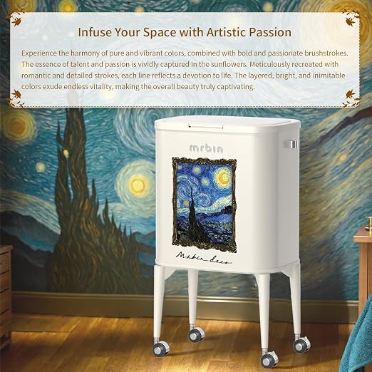 MRBIN Metal Kitchen Trash Can with Wheel Legs, 36L / 9.5gal Medium Press Lid Slim Removable Waste Basket, Pet Proof Tall Narrow Garbage Pail for Vanity, Bedroom, Bathroom, Living Room, Starry Night
