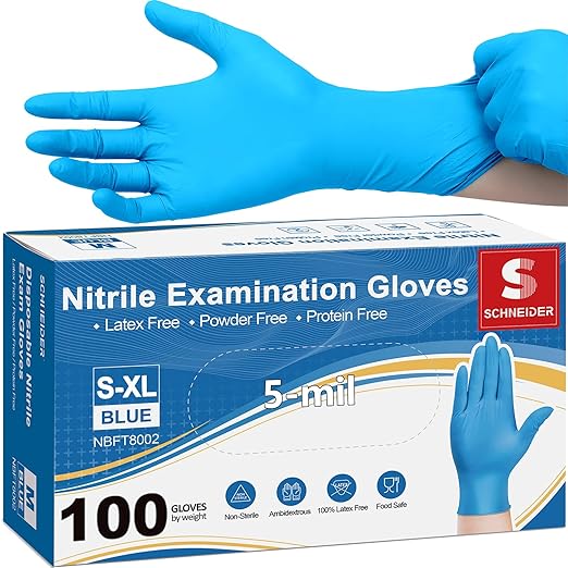 Schneider Nitrile Exam Gloves, 5 Mil, Blue, Latex-Free & Powder-Free Disposable Gloves, Textured Grip, for Medical Exam, Food Handling, Cleaning & Industrial Use