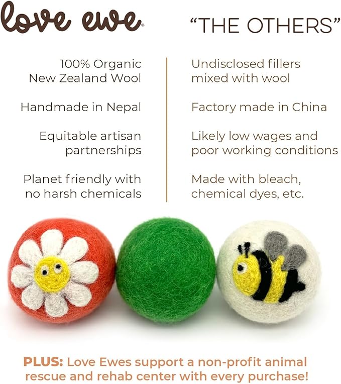 Hustle & Blush Wool Felt Balls 6 Pack Love Ewe Pet Supplies - 2 in Felted Wool Cat Toys Flower & Dragonfly, Butterfly & Bee 100% New Zealand Wools Felt Cat Toys Handmade Wools Felts Balls, Cats Felts