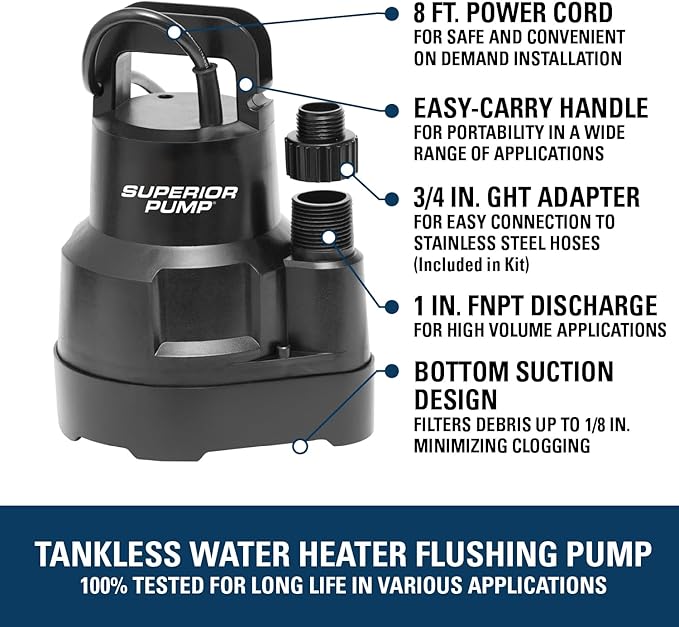 Superior Pump 91660 Tankless Water Heater Descaler Pump Kit with Non-toxic Descaler Solution, 3.5 Gallon, Deluxe