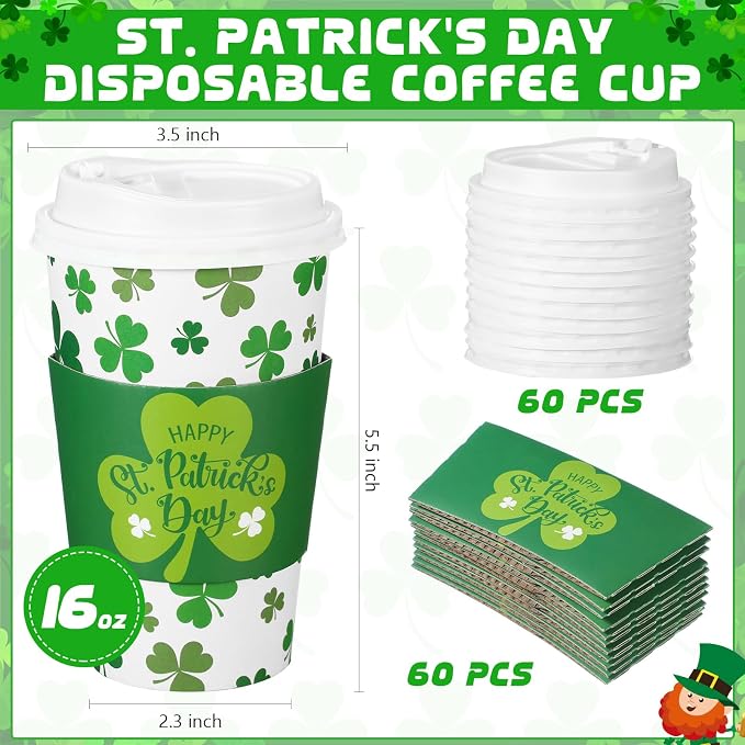 Jingmore 60 Pack St. Patrick's Day Disposable Coffee Cups with Lids and Sleeves 16 oz Irish Coffee Cups Green Shamrock Paper Cups Disposable Drinking Cups for Irish Holiday Party Supplies