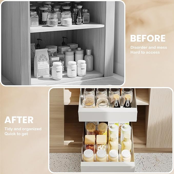 FILTA 2Pack Expandable Pull Out Cabinet Organizer, 21" Deep Slide Out Drawers for Kitchen Cabinets, Heavy Duty Roll Out Shelves with 3-Rail Silent Glide, No-Drill Adhesive or Screw Install, White