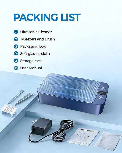 Ultrasonic Jewelry Cleaner, 500ml Large Capacity Multi-Purpose Sonic Cleaner for Jewelry, Eyeglasses, Watch Straps, Dentures and More, 5 Modes & 3 High Frequency Gears, 316 Stainless Steel Tank, Blue