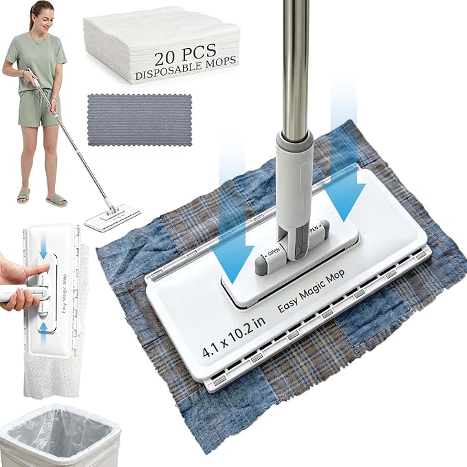 10.2x4.1x49.2 Hands Free Multipurpose Flat Mop, Zero Touch Snap Grip Mop, Auto Clamp & One-Click Release, Long Handle to Save Your Back, 360° Rotation Head, Dry Wet Use, Fits Any Cloth (Set A)