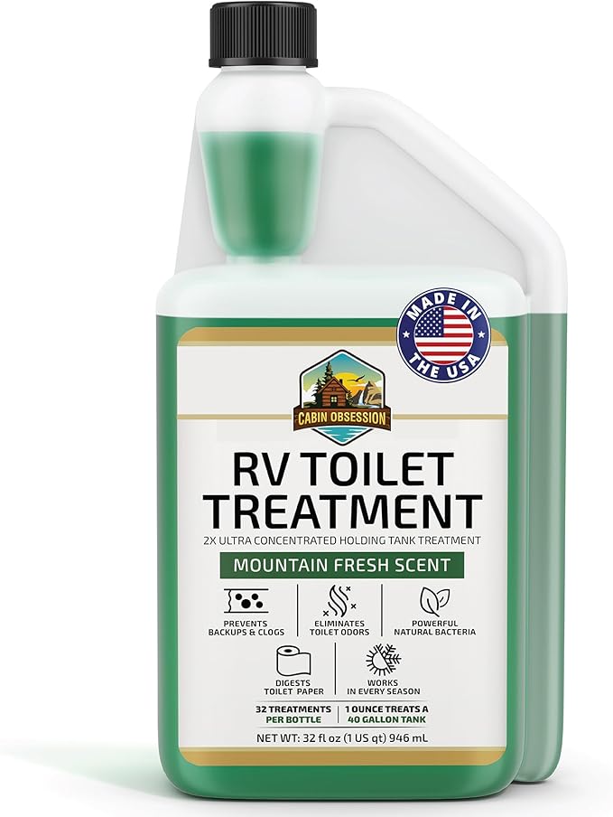 Cabin Obsession RV Toilet Treatment (32 oz) - 2x Ultra Concentrated Liquid RV Black Tank Treatment with Easy Measure Spout, Mountain Fresh Scent, 32 Treatments