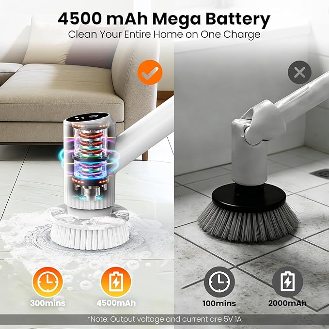 Electric Spin Scrubber - 4500mAh Cordless Cleaning Brush with 6 Brush Heads, 47" Adjustable Handle Relieves Back Pain, IPX7 Waterproof Power Scrubber for Bathroom Shower Floor Tile Bathtub