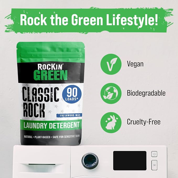 Rockin' Green Classic Rock Laundry Detergent (90 Loads), Plant based, All Natural Laundry Detergent Powder, Vegan and Biodegradable Odor Fighter, Safe for Sensitive Skin, 45 oz (Freshwood Mac)