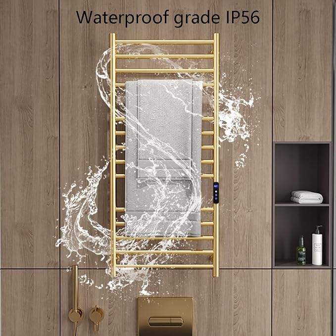Gold Heated Towel Warmers for Bathroom, Wall Mounted Hot Towel Racks, Heated Towel Drying Rack with Timer & Temperature Multi-Level Adjustable (14 Bars Brushed Gold, Hardwired)