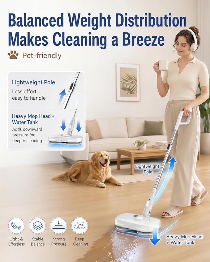 Buways Cordless Electric Mop, Self-Propelled Electric Spin Mop, Gravity Assist Pressure, 8000mAh Battery, LED Light & Water Spray, for Hardwood, Tile & Laminate Floors