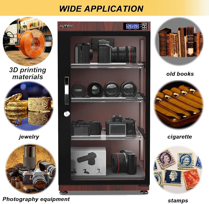 105L Dehumidifying Dry Cabinet Box, Wood grain Design Digital Control Noiseless and Energy Saving,4 layer for Camera Lens and Electronic Equipment Storage,Temperature Humidity LED Dual Screen
