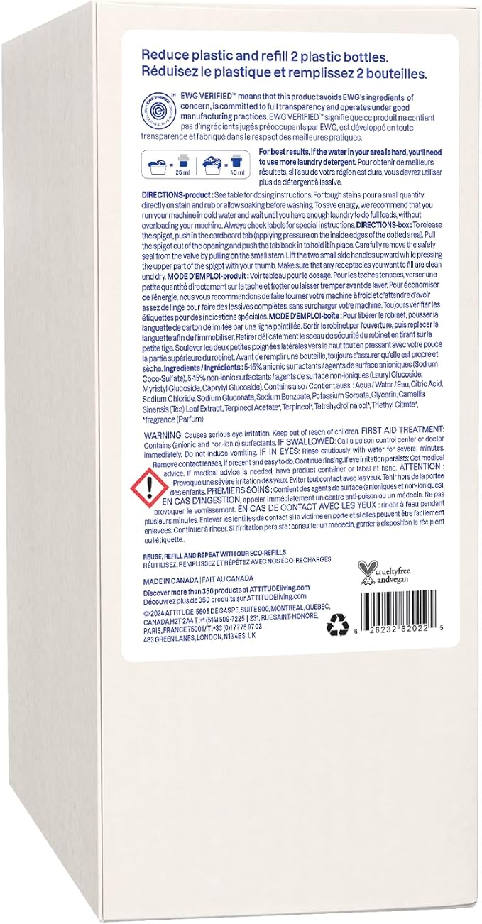 ATTITUDE Liquid Laundry Detergent Refill, EWG Verified, HE Compatible, Plant-Based & Vegan, Natural Laundry Soap, Citrus Zest Scent, 80 Loads, 67.6 Fl Oz