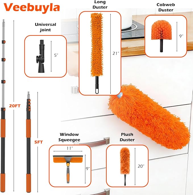 16FT Reach High Ceiling Duster Kits with 3-12FT Adjustable Pole - Includes Extra Long Duster, High Ceiling Duster, Rotatable Window Squeegee & Cobweb Duster for Ceiling Fans and Whole House Cleaning