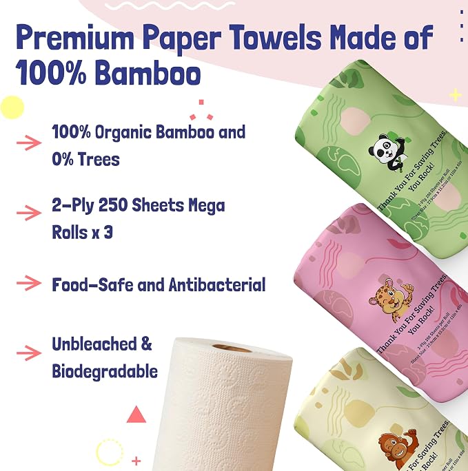MOTHER EARTH Bamboo Paper Towels | 2-Ply, 3 Rolls, 250 Sheets per Roll | Gentle for Sensitive Skin & Daily Cleaning Tasks
