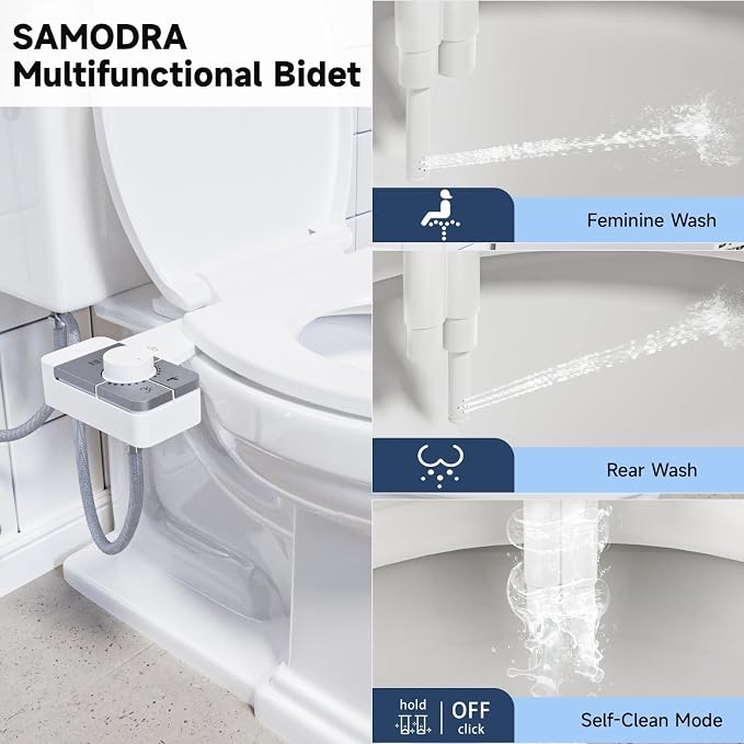 SAMODRA Bidet Attachment for Toilet, Non-Electric Fresh Cold Water Bidet Toilet with Angle Control Dual Nozzle, Adjustable Water Pressure & Self Cleaning Nozzle (1 Unit, Silver)