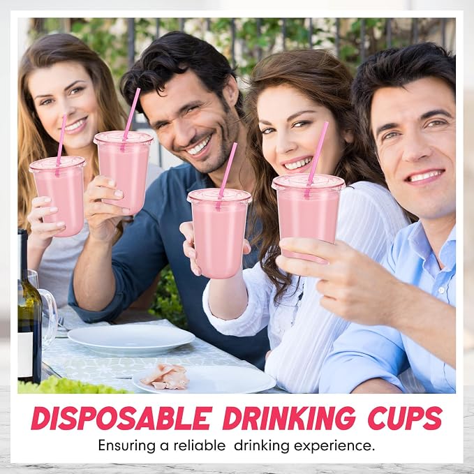 Ziliny 50 Sets Clear Round Bottom Plastic Cups with Lids and Straws, Cute Disposable Drinking Coffee Cups, for Christmas Valentine's Galentine's Day Party Wedding Birthday Supplies (16oz,Pink)