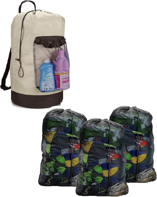 Dalykate Laundry Bag with Shoulder Straps and Mesh Pocket and Mesh Laundry Bags 3 Pack, 2 Item Bundle