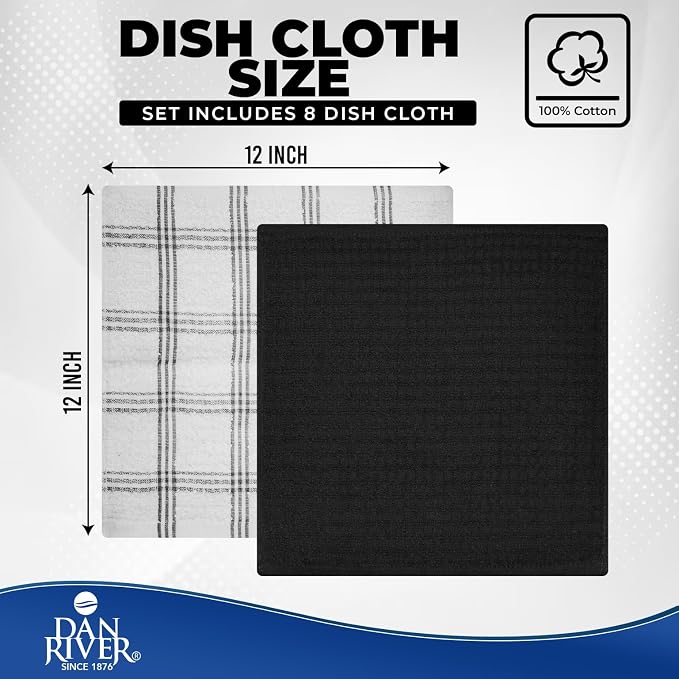 DAN RIVER Premium Dish Cloth 100% Cotton 12 X 12 Inches |Pack of 8|-Ultra Soft Tea Towels-Highly Absorbent Kitchen Rags-Terry Dishcloth for Kitchen and Household Cleaning |Black|