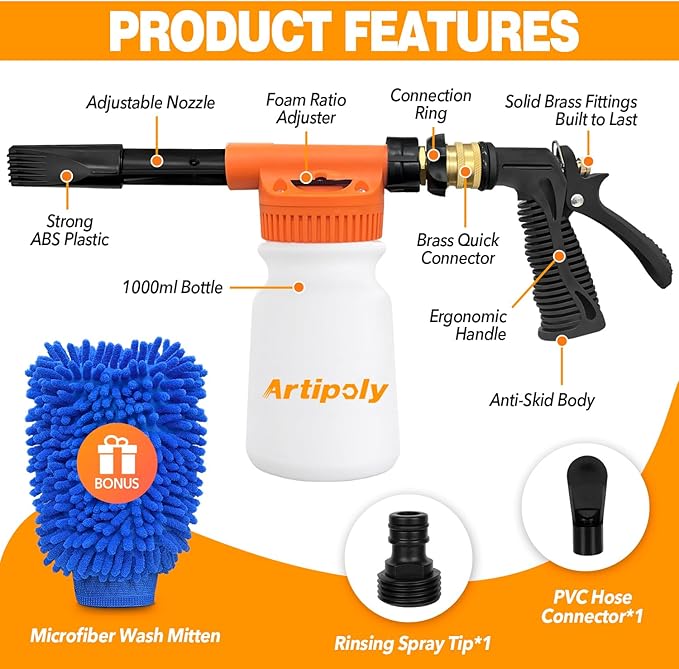ARTIPOLY Premium Shammy Towel & Car Wash Foam Gun + Microfiber Wash Mitt