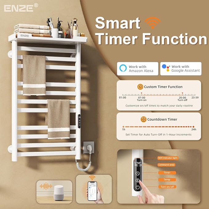 ENZE Smart Heated Towel Rack, 11-Bar Wall-Mounted Electric Towel Warmer with Shelf, Wi-Fi App Control, Adjustable Temperature & 24H Timer, Low Carbon Steel, IPX5, Plug-in/Hardwired, White
