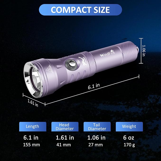 WINDFIRE Dive Light, High-Powered Rechargeable Scuba Flashlight with Power Indicator, IPX8 Waterproof, 12° Beam Angle, 4 Modes Snorkeling Diving & Underwater Exploration Torch (Purple)