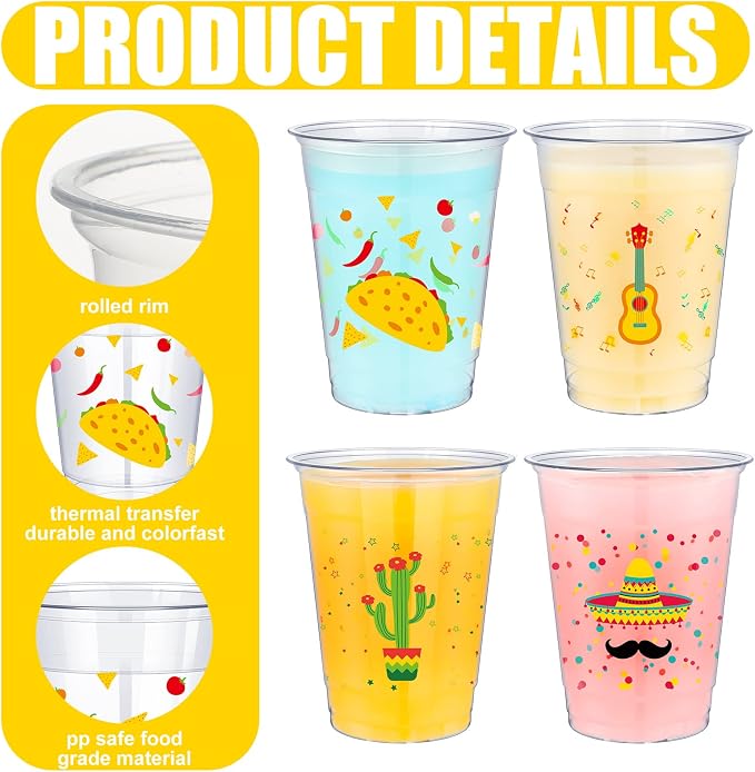 meekoo 200 Pcs 12 oz Fiesta Cup Plastic Mexican Cup Clear Disposable Margarita Glasses Cinco De Mayo Party Decorations for Taco Bout Bar Night Tequila Birthday Party Drinkware Supplies, 4 Style