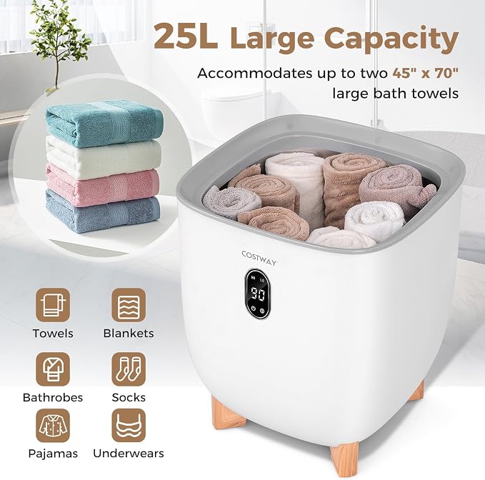 COSTWAY Towel Warmer for Bathroom, Upgraded Towel Heater with 2 Fragrant Disc Holders, Blanket Warmer with 4-Level Timer, Auto Shut Off, Fits 2 Oversized 45" x 70" Towels, Bathrobes & PJ's (25L)