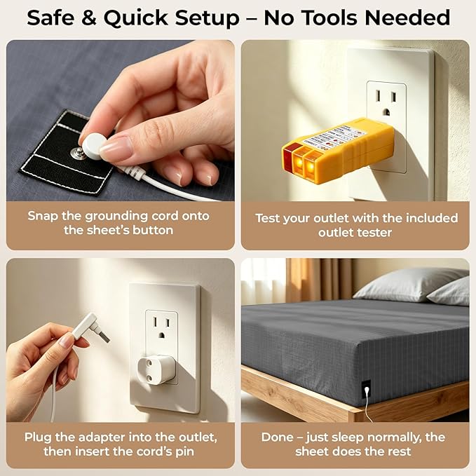 Grounding Sheets Twin 10% Silver Fiber Grounding Fitted Sheet Earth Bed Sheet with Outlet Tester,Adapter,Cord，Wool Dryer Balls,Laundry Bag (39"x75"x15",Gray)