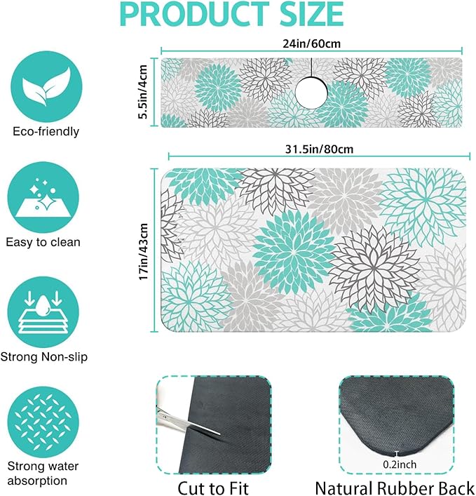 Dish Drying Mat for Kitchen Counter Matt, 2PCS 31.5"x17" Dish Drainer Mat & 24"x5.5" Sink Splash Guard, Super Absorbent Non-slip Rubber Backed