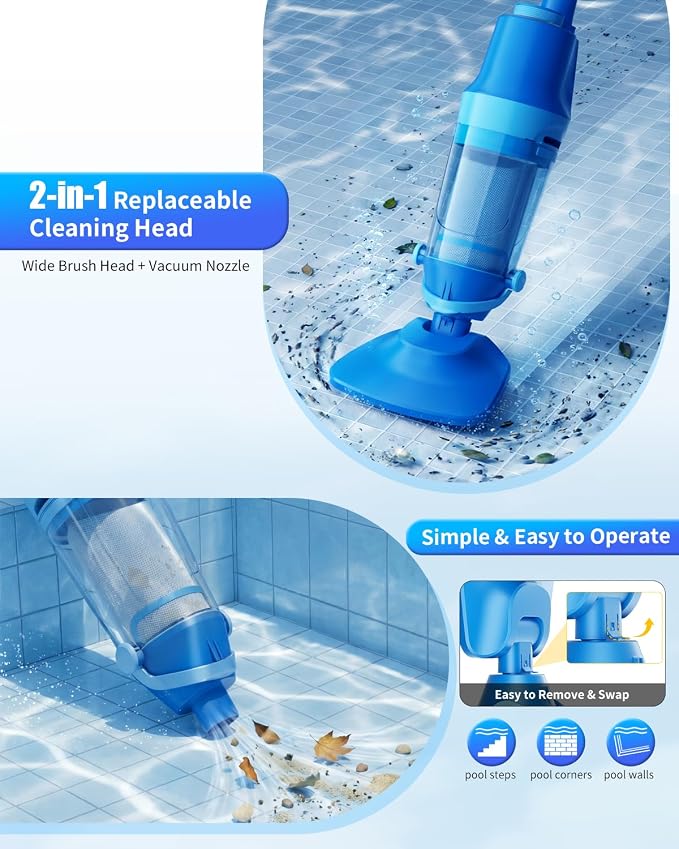 Cordless Pool Vacuum for Inground & Above Ground Pools: 23.8 GPM Powerful Stable Suction, Telescopic Pole up to 90.6", 60-Min Runtime, Extra-Large Filter & Rechargeable Pool Cleaner for Spas/Hot Tubs