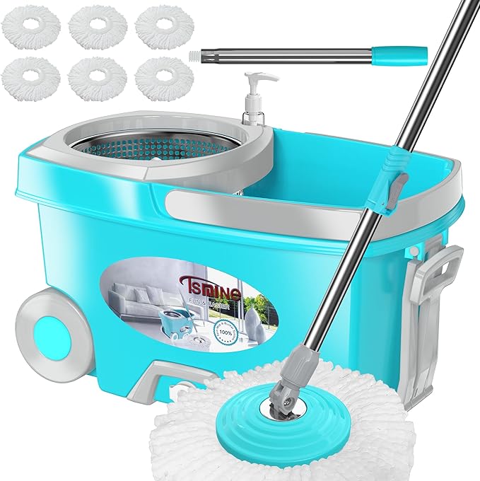 Spin Mop Separate Dirty Water and FunClean Mop Bucket with 12 Microfiber Replacement Head Refills,61" Extended Handle