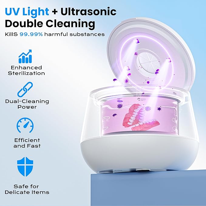 45kHz Ultrasonic Retainer Cleaner, 200ML Dental Cleaning Pod for Dentures, Mouth Guards, Braces, Aligner, Toothbrush Jewelry and More, UV Denture Cleaner with 4 Modes & Digital Timer - White