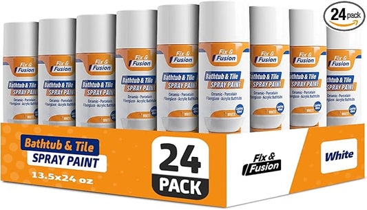 Fix & Fusion Bathtub & Tile Spray Paint, Multi-Surface Coating for Bathroom & Kitchen, High Adhesion, Water-Resistant, for Porcelain, Ceramic, Fiberglass, Countertops & More, White 13.5 oz (Pack of 24)