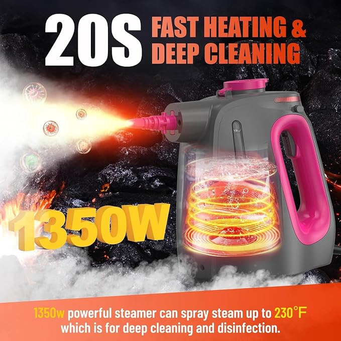 Heavy Duty Handheld Steam Cleaner for Cleaning with Lockable Steam Button&11pcs Accessories, Unlimited Water Addition for Continuous Steaming, Multi-Purpose Steamer for Cleaning Car, Grout (Purple)